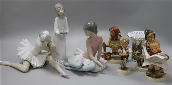 Two Lladro figures of ballerinas, another of a child with candle, four Goebel figures of children, various and a Hummel vase